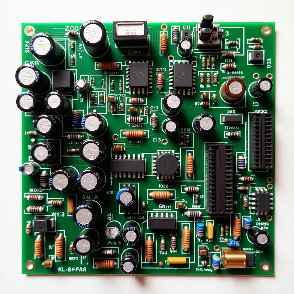 Image of a power supply PCB showing various electronic components like capacitors, microcontrollers, and resistors on a green board.