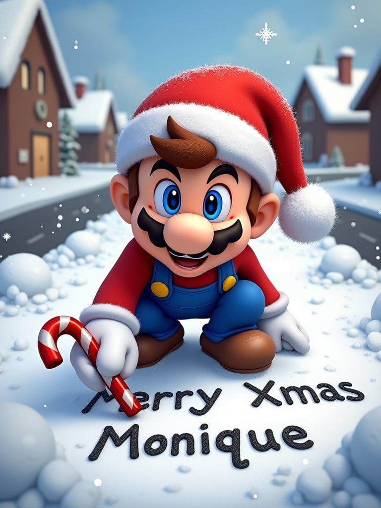 Winter scene with Mario in a Santa hat. Jolly expression. Crouching and writing 'Merry Xmas Monique' in the snow. Holding a candy cane. Surrounded by snowflakes. Background features snow-covered roads and Christmas-decorated houses.