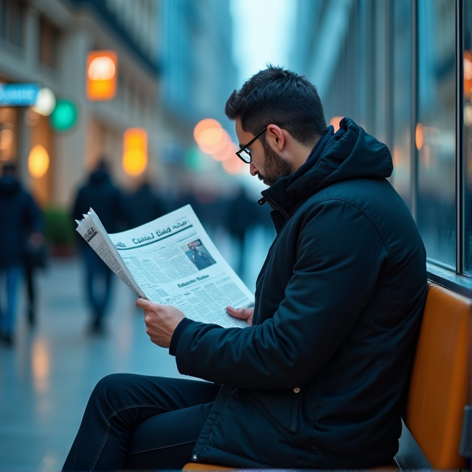 A man sitting on a bench reads a newspaper in a bustling city street.