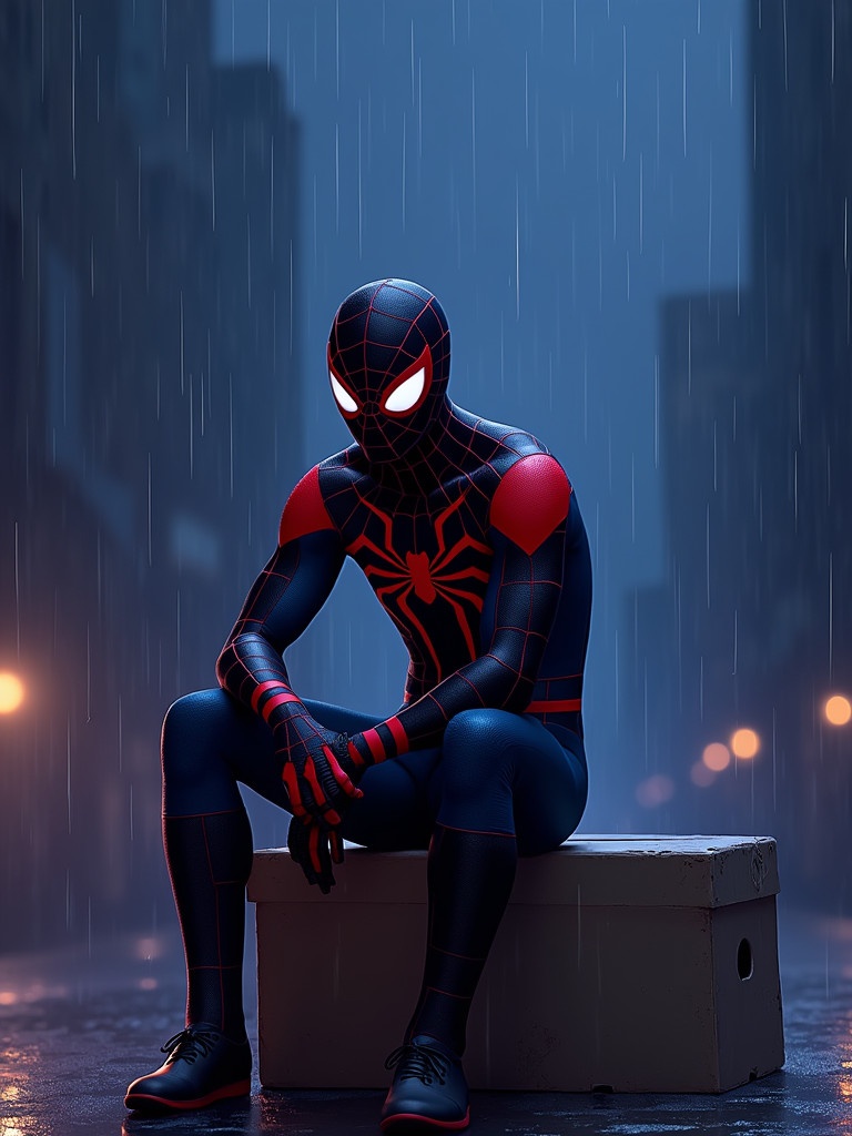 Miles Morales Spider-Man in a dark blue-purple background. Heavy rain creates a gloomy mood. Miles sits on a box with a sad expression, illuminated by soft light.