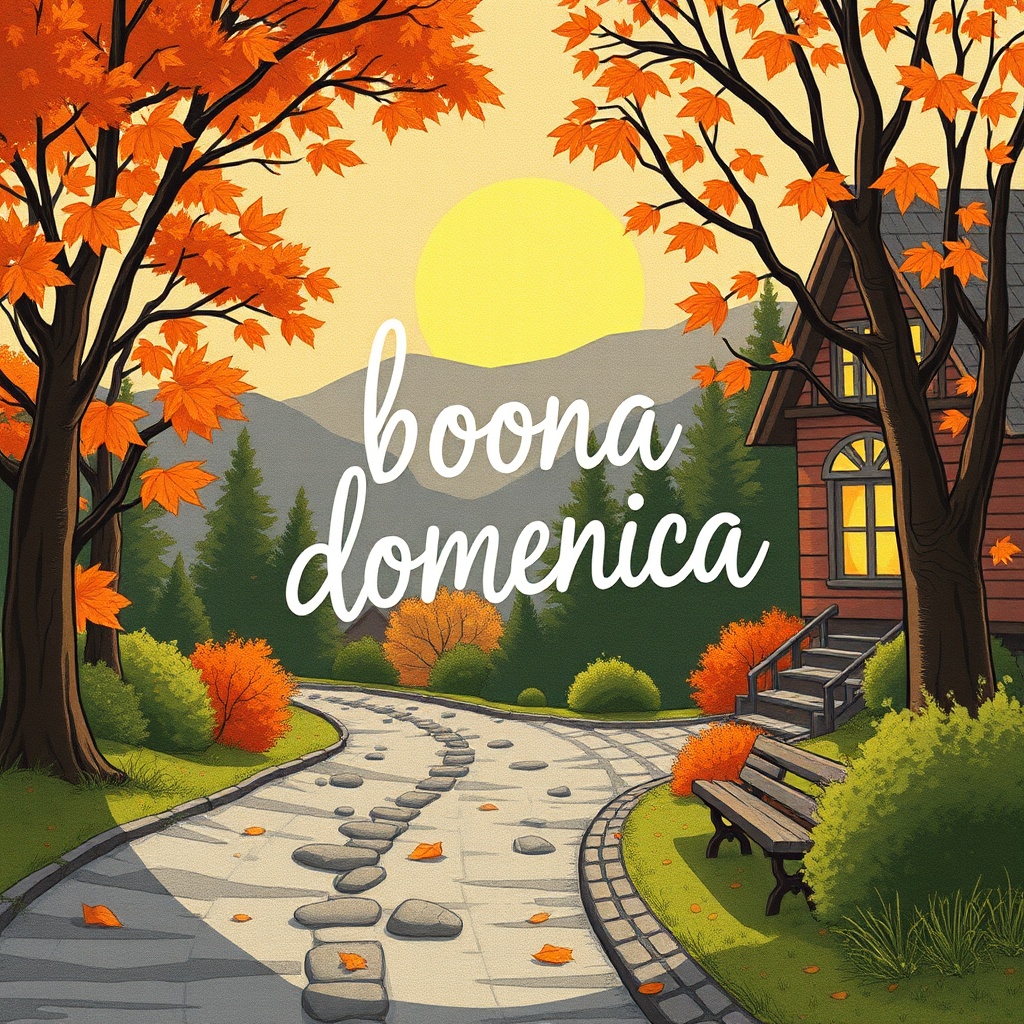 A warm, cozy autumn illustration with a pathway surrounded by trees and a cabin, featuring the Italian phrase 'Buona Domenica'.