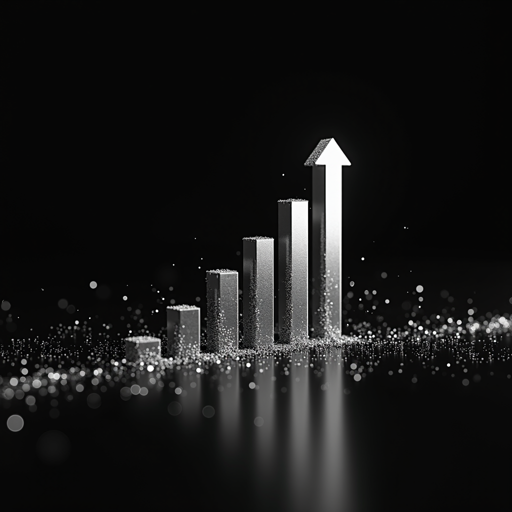 A shiny bar chart with an upward arrow symbolizing growth and success on a dark background.