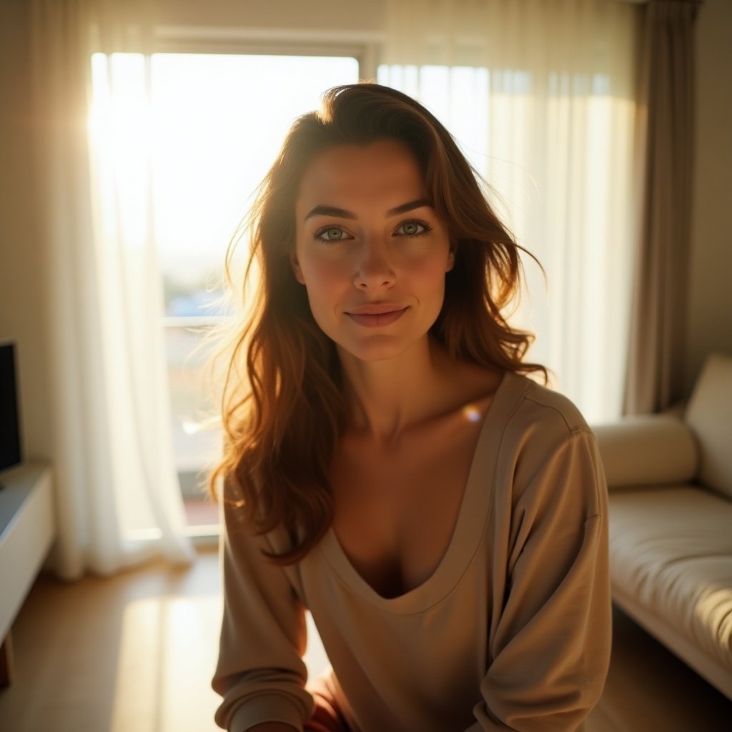 Wide shot of a person in a bright room. Upper body captured in the foreground. Soft background with sunlight streaming in.