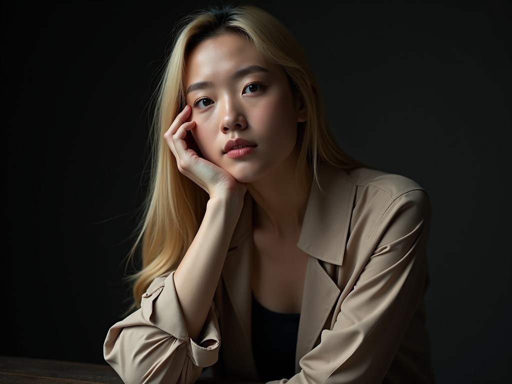 The image captures a young woman with long, blonde hair sitting in a contemplative pose against a dark background. Her gaze is directed forward, her hand supporting her chin, creating an intimate and thoughtful atmosphere. The soft lighting highlights her serene expression and the earthy tones of her attire, contributing to a calm and introspective mood.