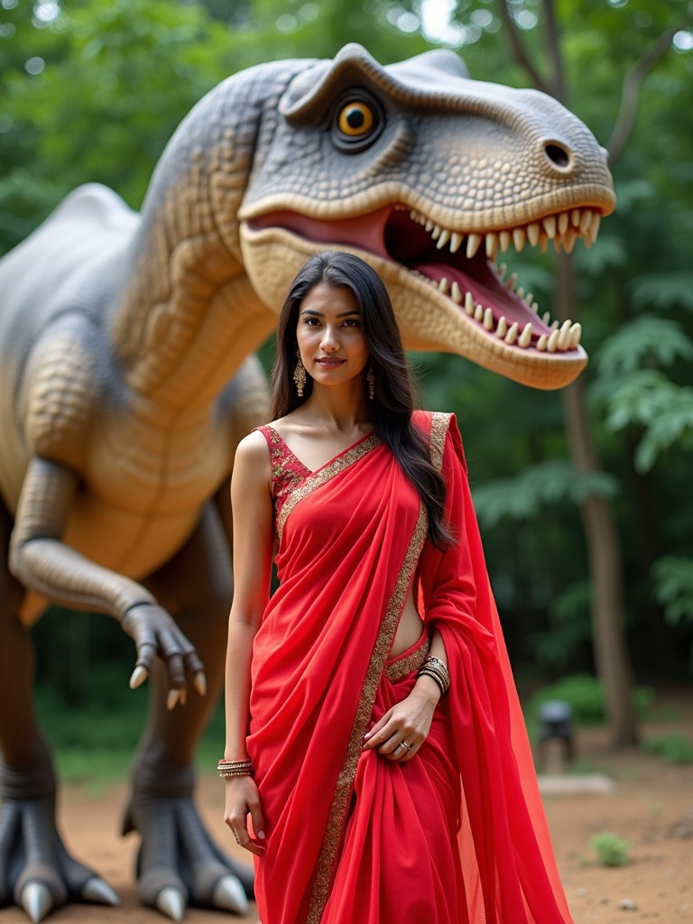 A woman in a bright red sari stands confidently in front of a large dinosaur statue. The sari contrasts with the dinosaur's rugged texture. Greenery surrounds the scene enhancing cultural richness. The image captures a blend of modern attire and ancient themes.