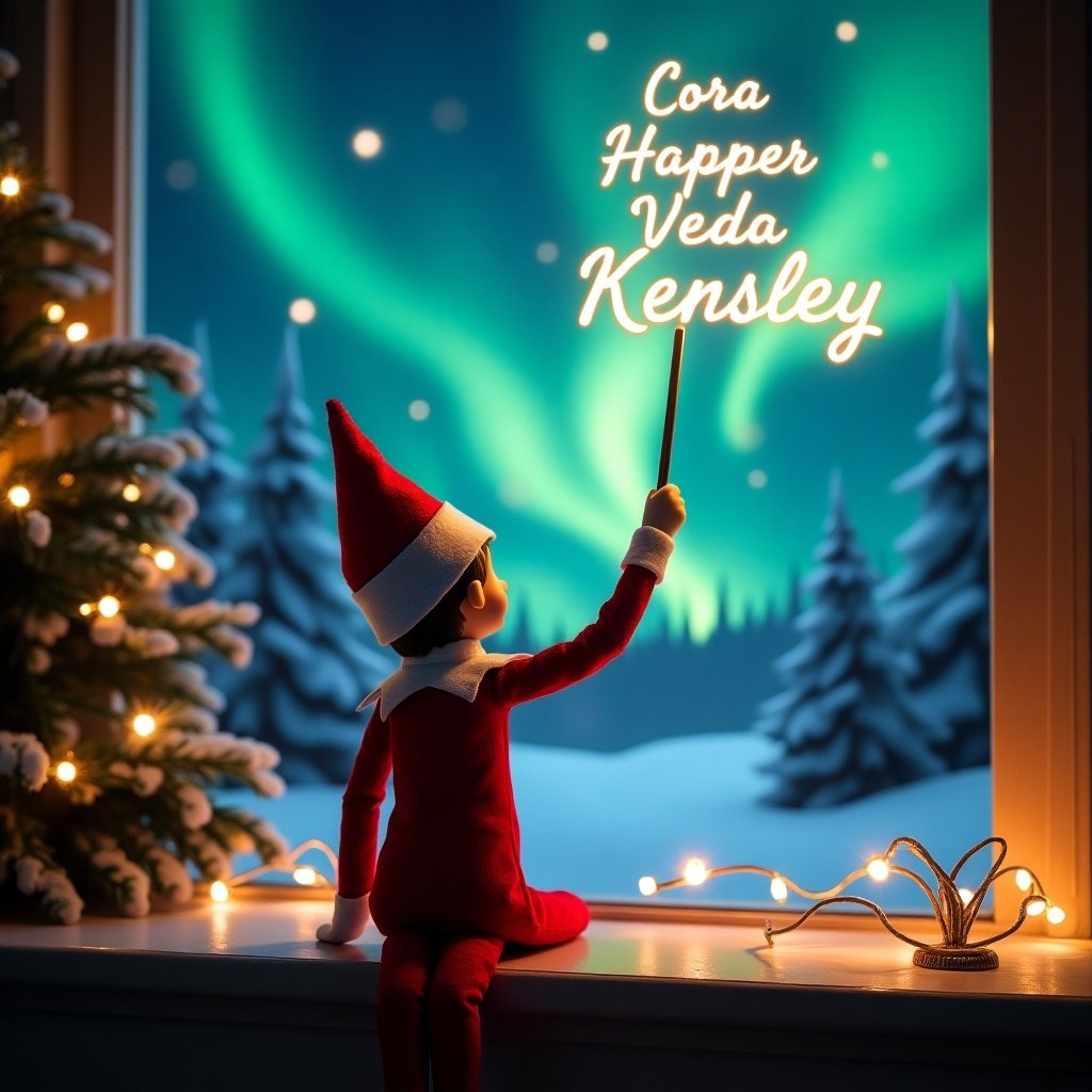 An enchanting Christmas scene showcases an elf on the shelf gazing at the vibrant sky. The elf is dressed in classic red and white attire, holding a wand as he writes names in glowing script. The background features stunning northern lights and snowy trees, creating a magical atmosphere. The elf's whimsical action evokes feelings of joy and excitement for the holiday season. This scene captures the essence of Christmas wonder and family traditions in a charming way.