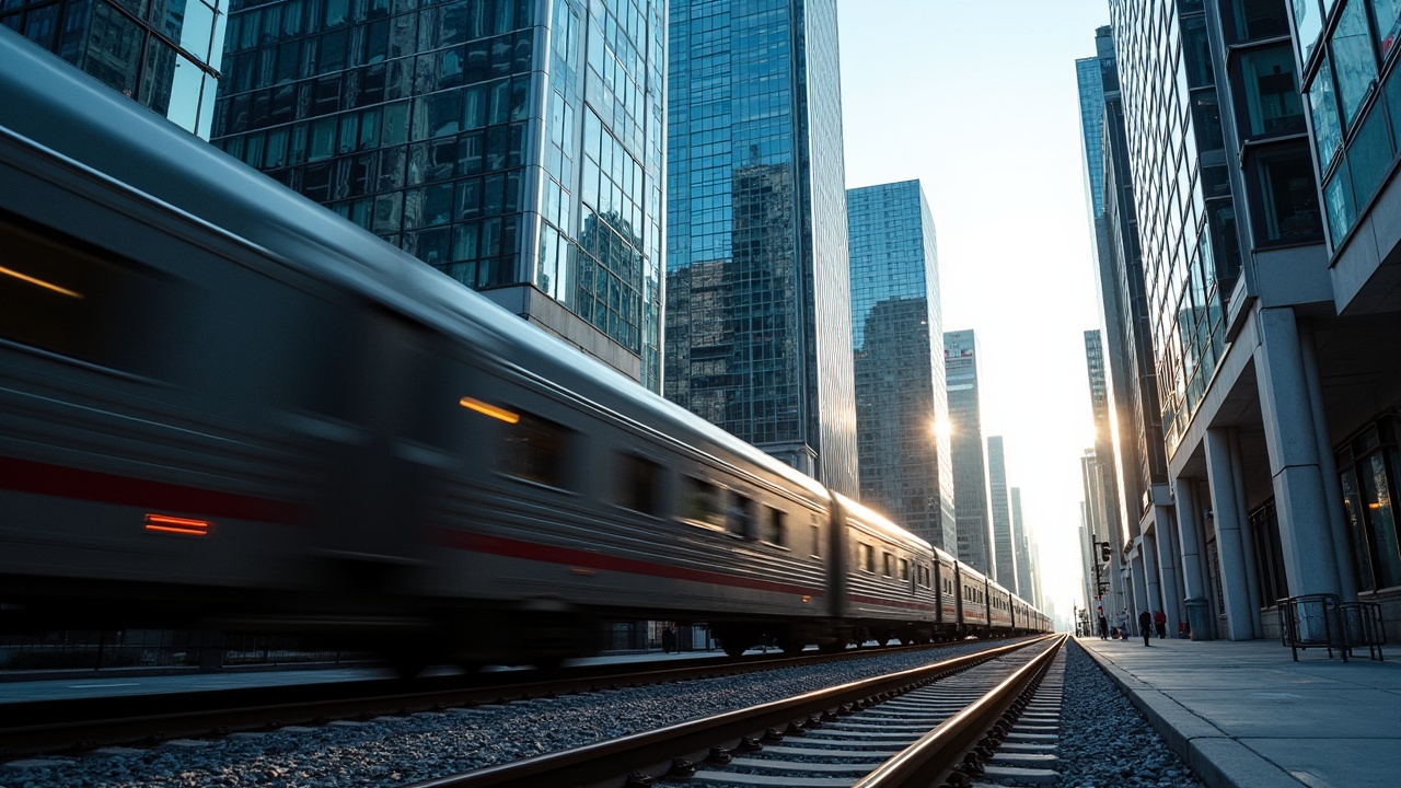 The image captures a sleek, speeding train rushing through a cityscape dominated by modern glass skyscrapers. The perspective of the shot is level with the train, which enhances the sense of movement and speed. Reflections of the sun dance off the buildings, casting a dramatic glow that highlights the urban environment.