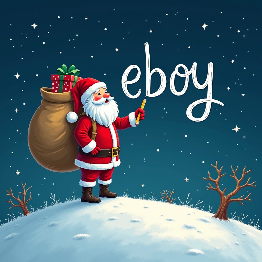 Santa Claus stands on a snowy hill under a starry night. He writes names in the sky with a pencil. He is dressed in red and white with a large sack of gifts on his back. The name 'eboy' is displayed in a whimsical font.