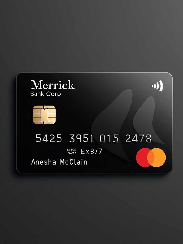 Black realistic virtual Mastercard with silver letters. Features Merrick Bank Corp. Displays name Anesha McClain and number 5425 3951 015 2478. Includes expiration date 06/27.