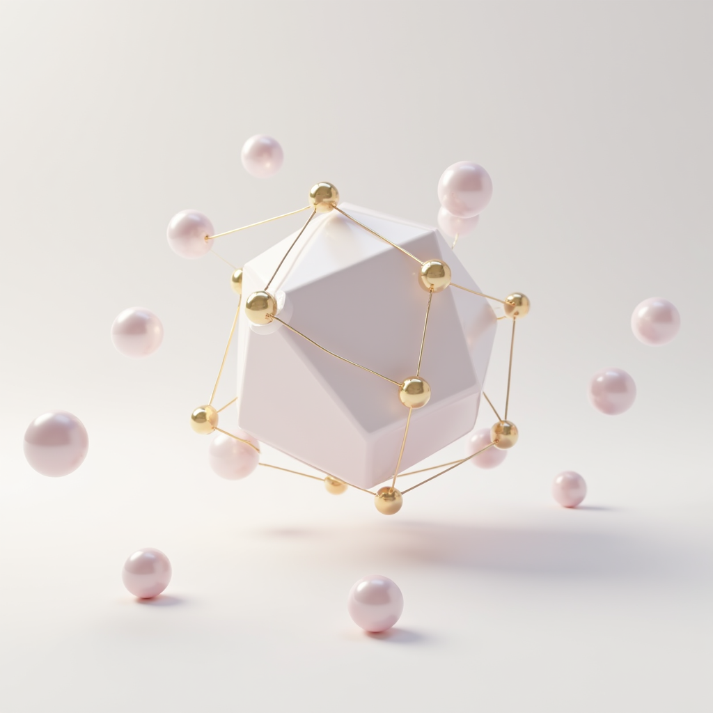 A white geometric shape suspended by golden spheres and rods, surrounded by soft pink spheres.