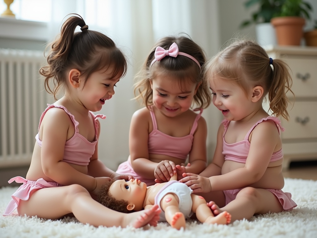 Three slim smiling girls in pink bikini bathing suits sit on the floor. They play with a doll and pretend to change its diaper. They are enjoying their playtime together.