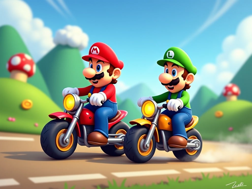 This image features two iconic characters from the Mario franchise, Mario and Luigi, riding motorcycles. Mario is dressed in his classic red outfit, while Luigi sports a green attire. They are racing along a vibrant landscape dotted with cartoonish mushrooms and lush hills in the background. The scene is lively, showcasing a joyful and dynamic atmosphere typical of video game adventures. The design is colorful and appealing, capturing the essence of family-friendly entertainment.