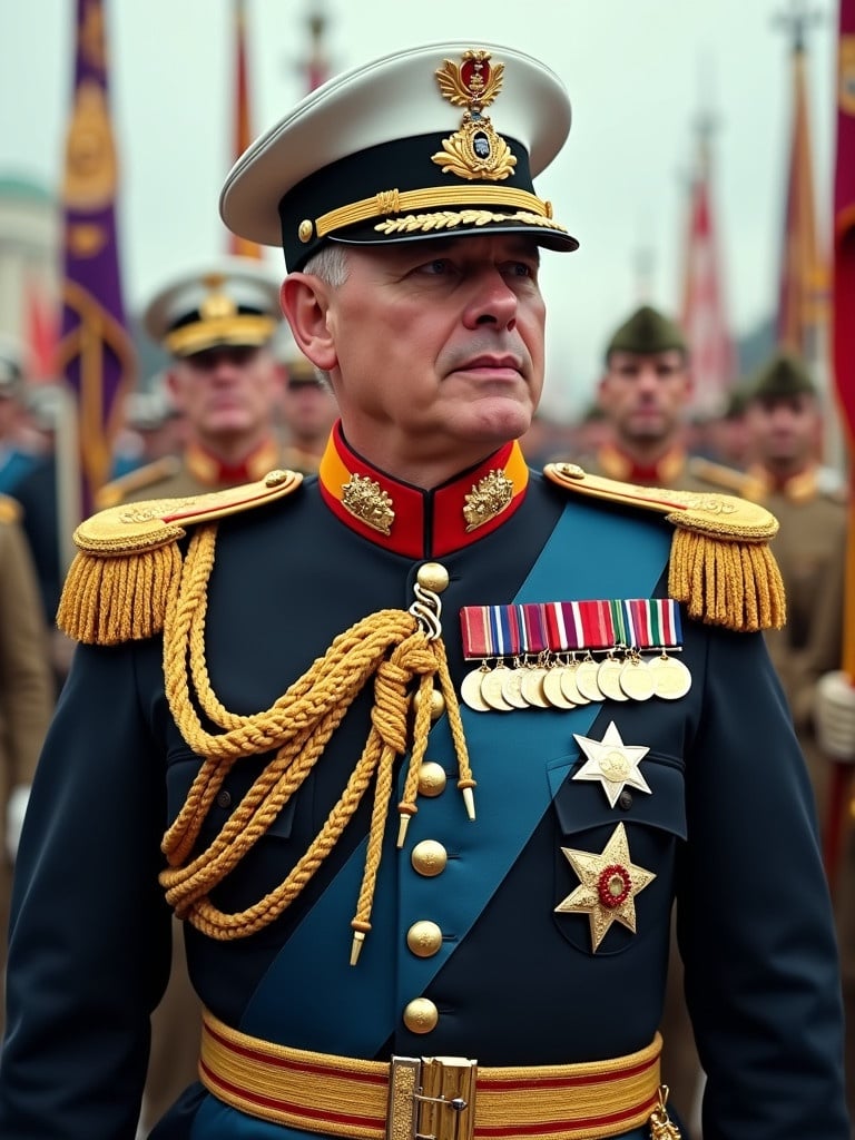 A six-star general in an ornate ceremonial military uniform with gold embellishments and various medals. The setting is a historical military parade.