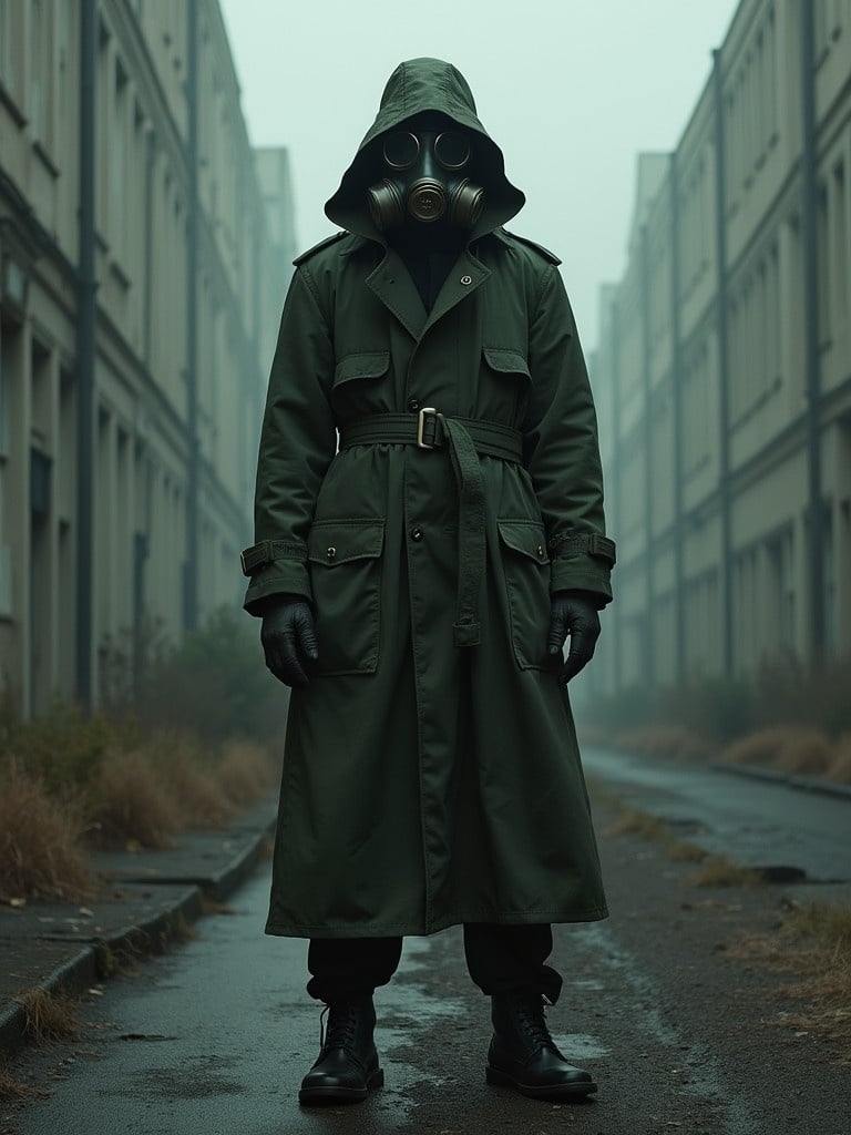 Post apocalyptic aesthetic image captured at ground level. A full-length figure in the center wearing a trench coat and gas mask. Fog envelops the urban landscape creating a moody feel.