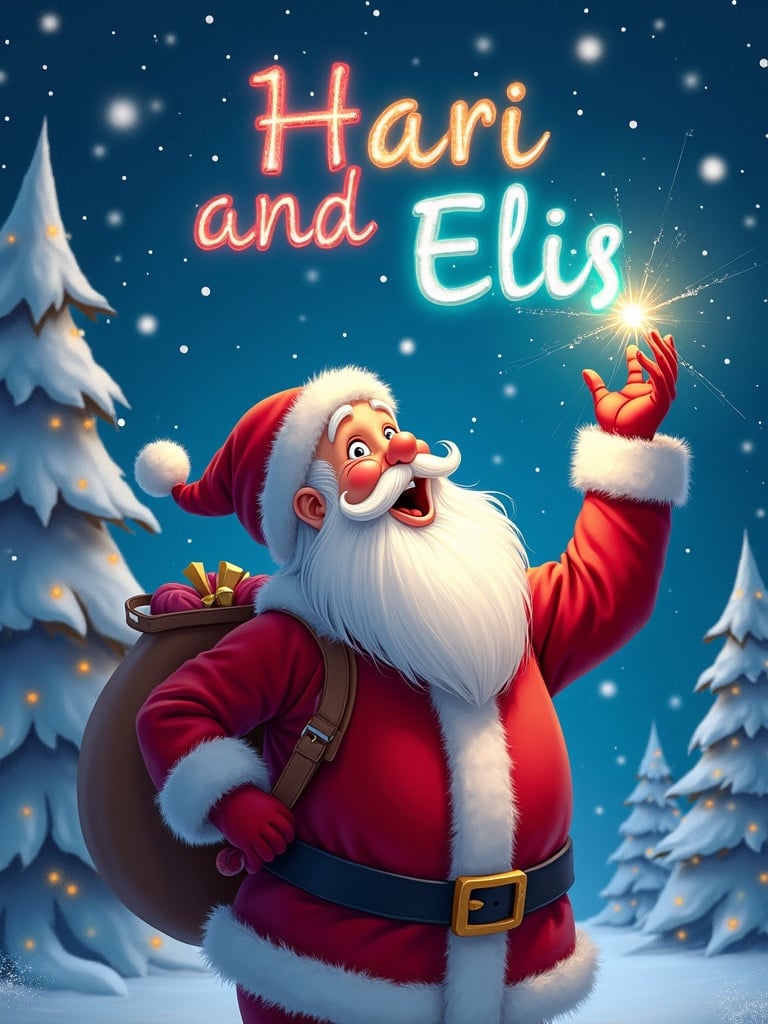 Beautiful Christmas-themed illustration featuring Santa Claus looking joyfully at the sky. Santa writes names in colorful glowing letters. Scene is set in a winter wonderland with snow-covered trees around. Santa dressed in red and white outfit holding magical glowing pen. Background is filled with twinkling lights. Saying Hari and Elis.