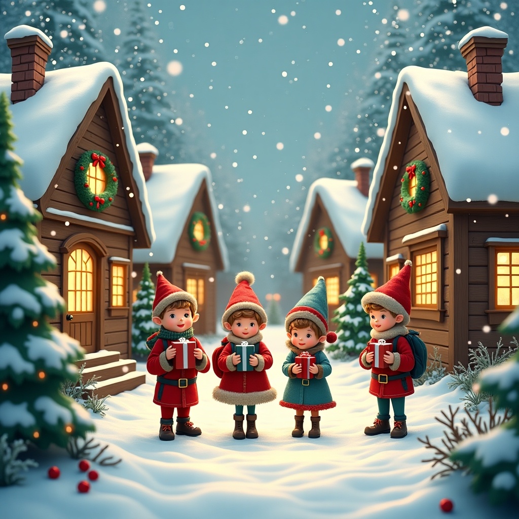 A charming Christmas village scene is shown with elves and children in festive attire. Children hold gifts while cozy wooden cabins adorned with wreaths and string lights surround them. Snow falls gently, creating a warm holiday atmosphere.