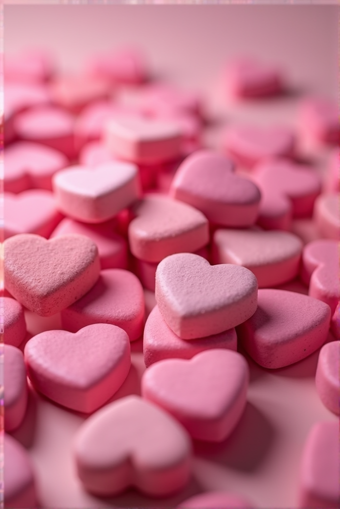 The image shows many pink heart-shaped candies scattered on a surface.