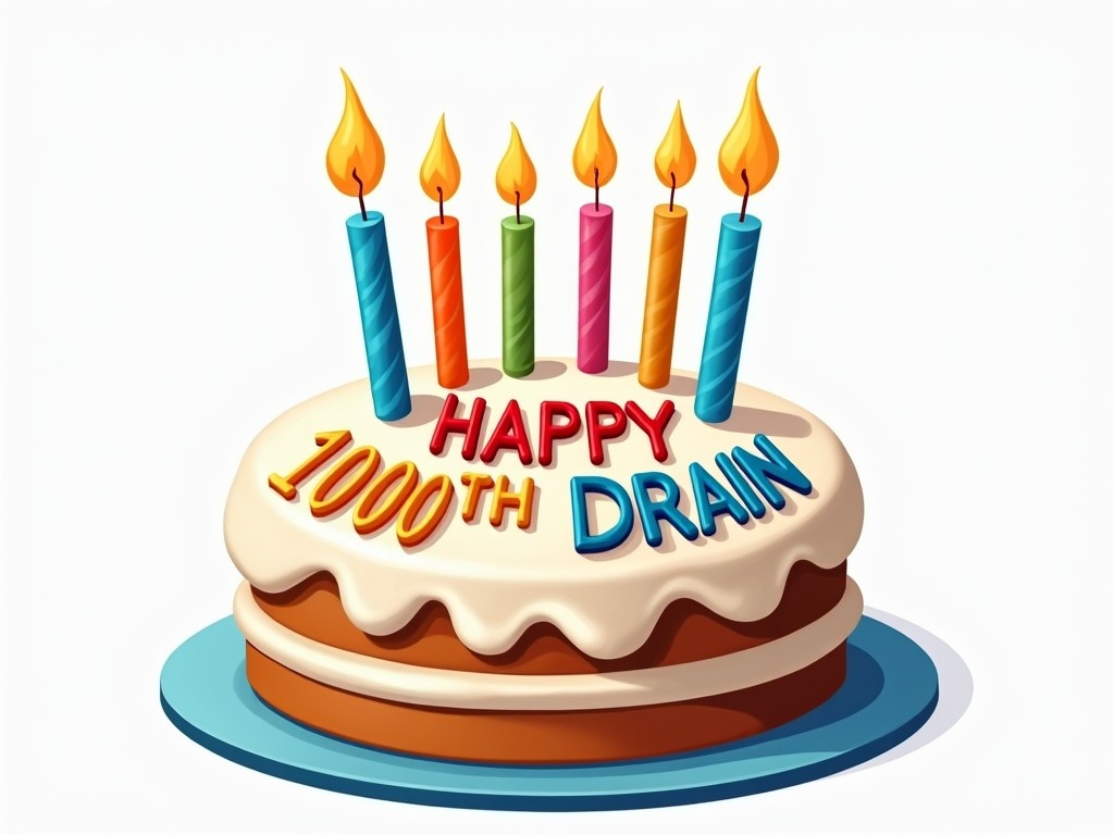 The image features a birthday cake celebrating a special milestone. It has colorful candles that are lit, creating a warm atmosphere. The cake is topped with the words 'Happy 1000th Drain' in vibrant icing. The background is plain, making the cake stand out. This design evokes feelings of joy and celebration. It's perfect for personal or promotional use related to milestone events.