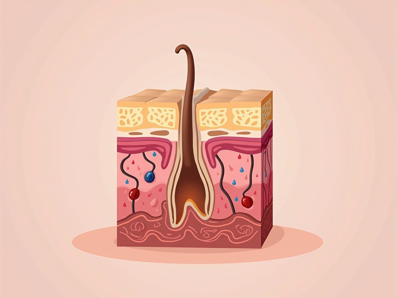 This image depicts a cross-section of human skin, showcasing various layers including the epidermis and dermis. Central to the illustration is a hair follicle, illustrating where hair grows from the skin. Blue and red dots represent glands and blood vessels. The color palette features natural skin tones, rendering it educational yet visually appealing. Such illustrations serve as effective tools in medical and educational settings to understand skin anatomy.