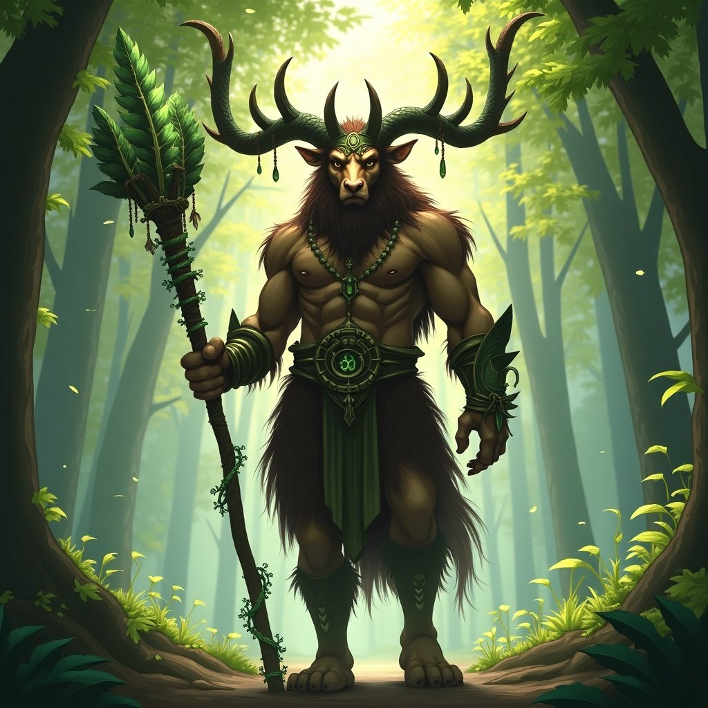 Epic Tauren Druid stands in a lush forest. Muscular build. Antlers on head. Holding a staff adorned with leaves. Ethereal light. Surrounded by ancient trees. Regal pose.