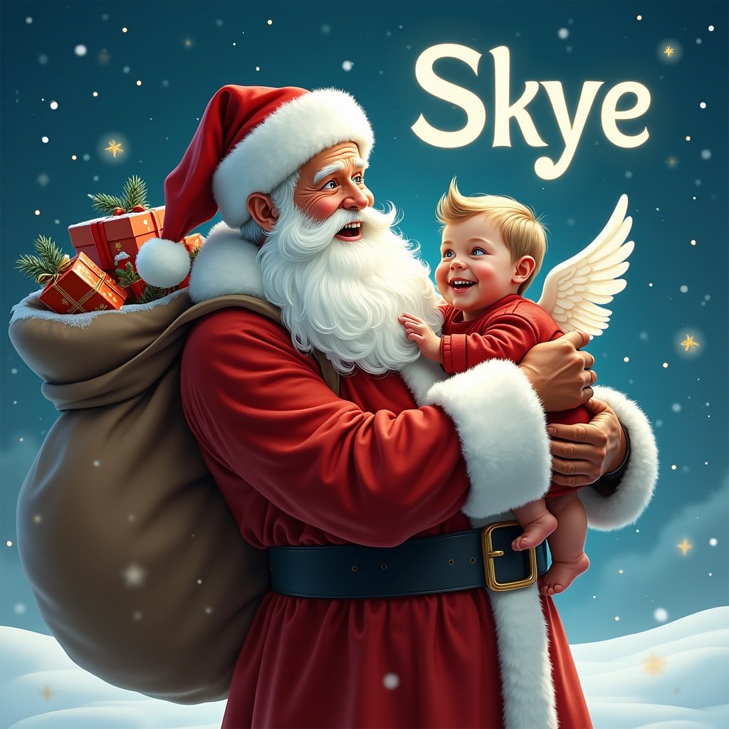 Magical scene featuring Santa Claus holding a baby boy with angel wings. Sack of gifts. Snowflakes falling in moonlit scenery. Traditional attire with festive spirit. Name ‘Skye’ across the sky.