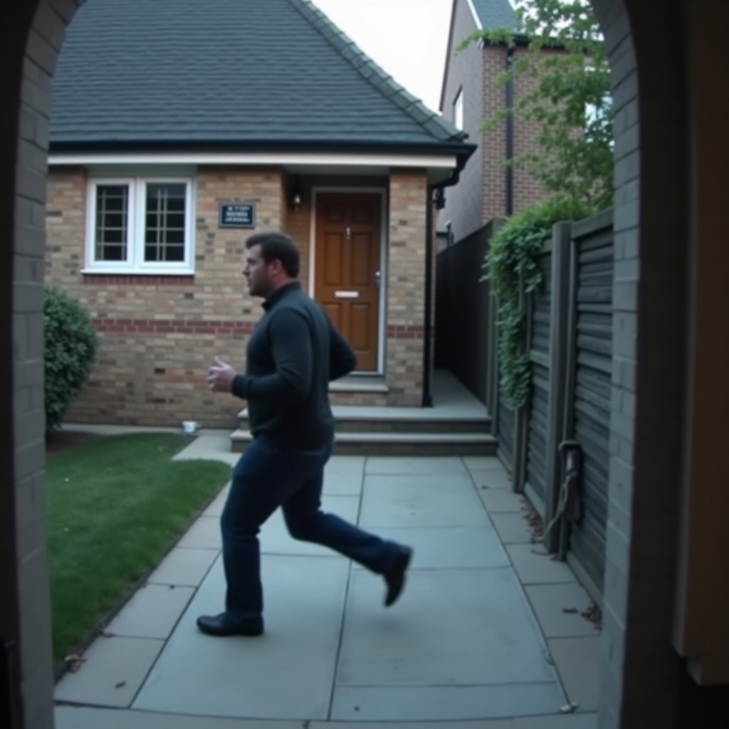 CCTV image showing a man running towards a house. The scene captures a residential area with visible home exterior and pathway.