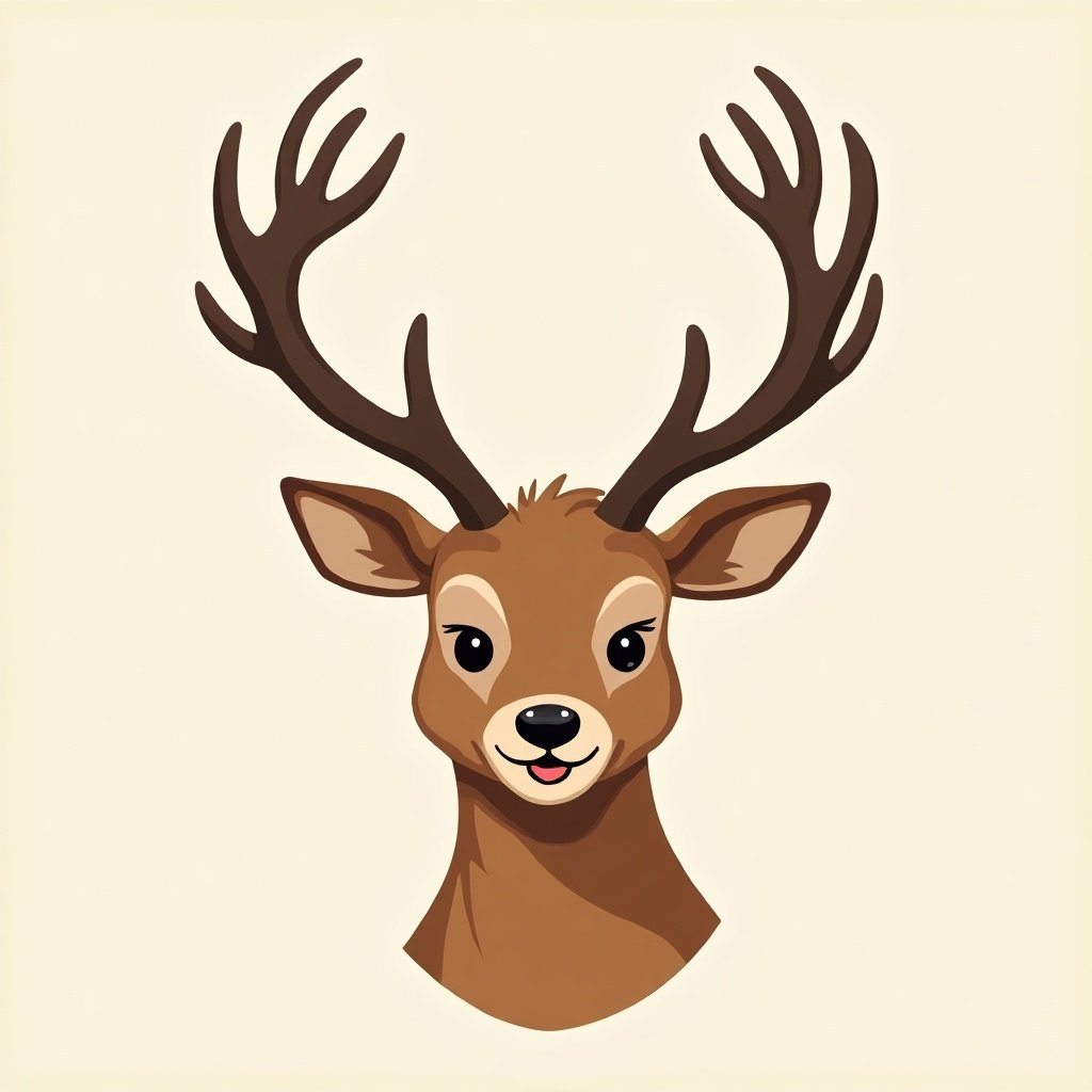 Logo of a deer with antlers. The deer looks happy and is facing the viewer. The image includes the neck and head of the deer.