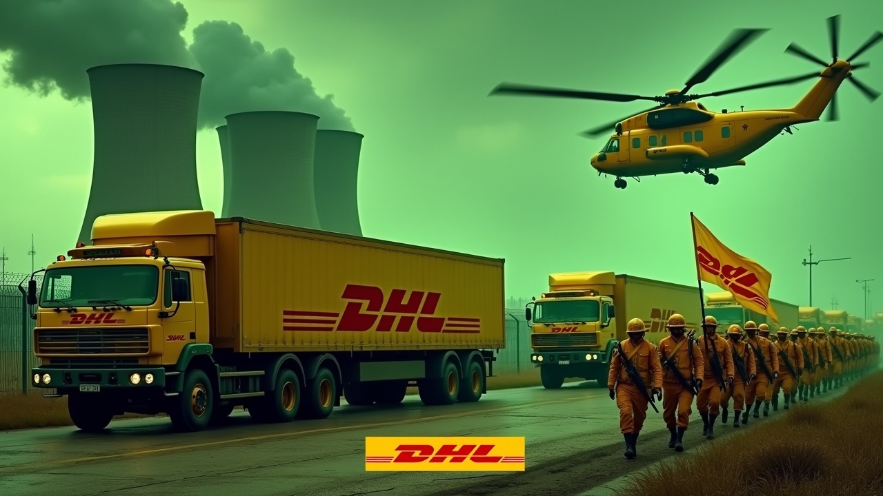 In this dramatic scene, large yellow delivery trucks equipped with cannons approach a fenced area. Each truck prominently displays the DHL logo. Nearby, soldiers dressed in bright yellow uniforms march in formation, wielding rifles. One soldier carries a flag featuring the DHL logo. Behind, smokestacks of a nuclear power plant emit a glowing green hue, enhancing the scene's intensity. Above, a yellow Chinook CH-47 helicopter flies, adding to the dynamic atmosphere. The DHL logo is boldly placed at the bottom, emphasizing the brand's presence.