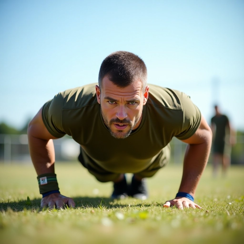 A soldier performs push ups on grass. The focus is on the soldier's physical activity and workout technique. Bright sunlight highlights the scene. The soldier wears olive green fitness attire, showcasing strength and determination.