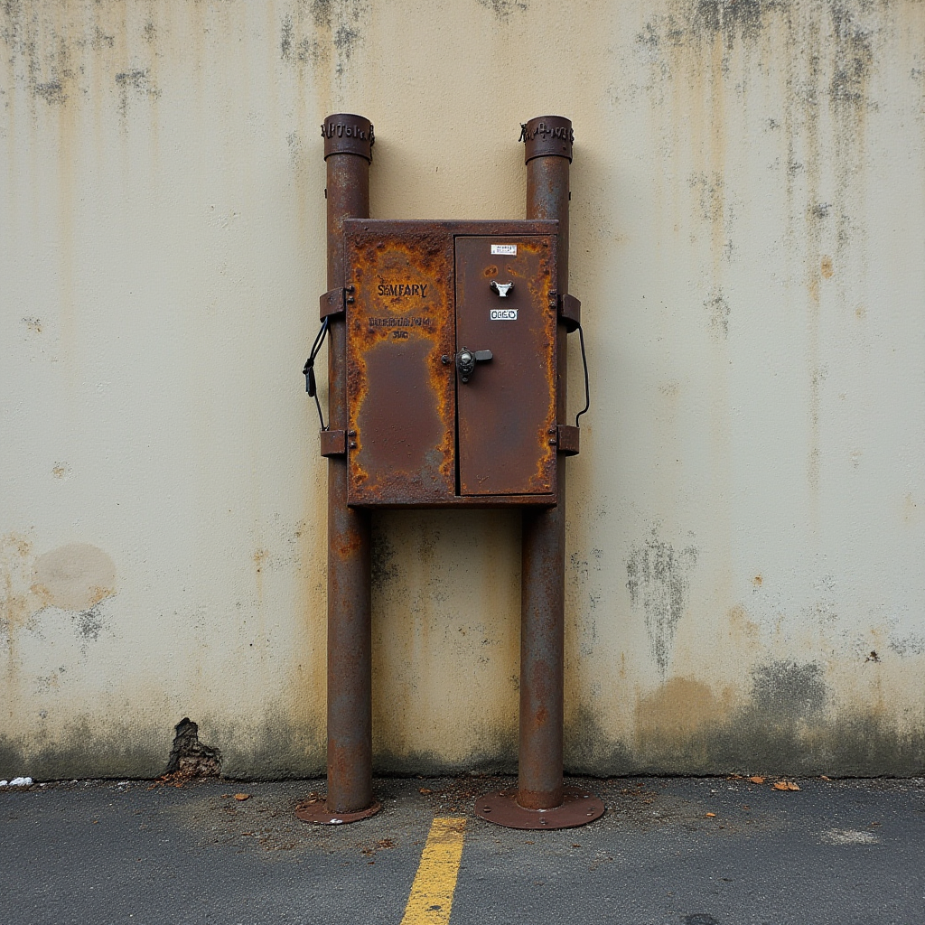 A rusty metal utility box is mounted on two pipes against a weather-stained wall.