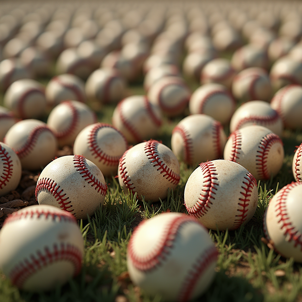 A large number of baseballs spread across a grassy field.