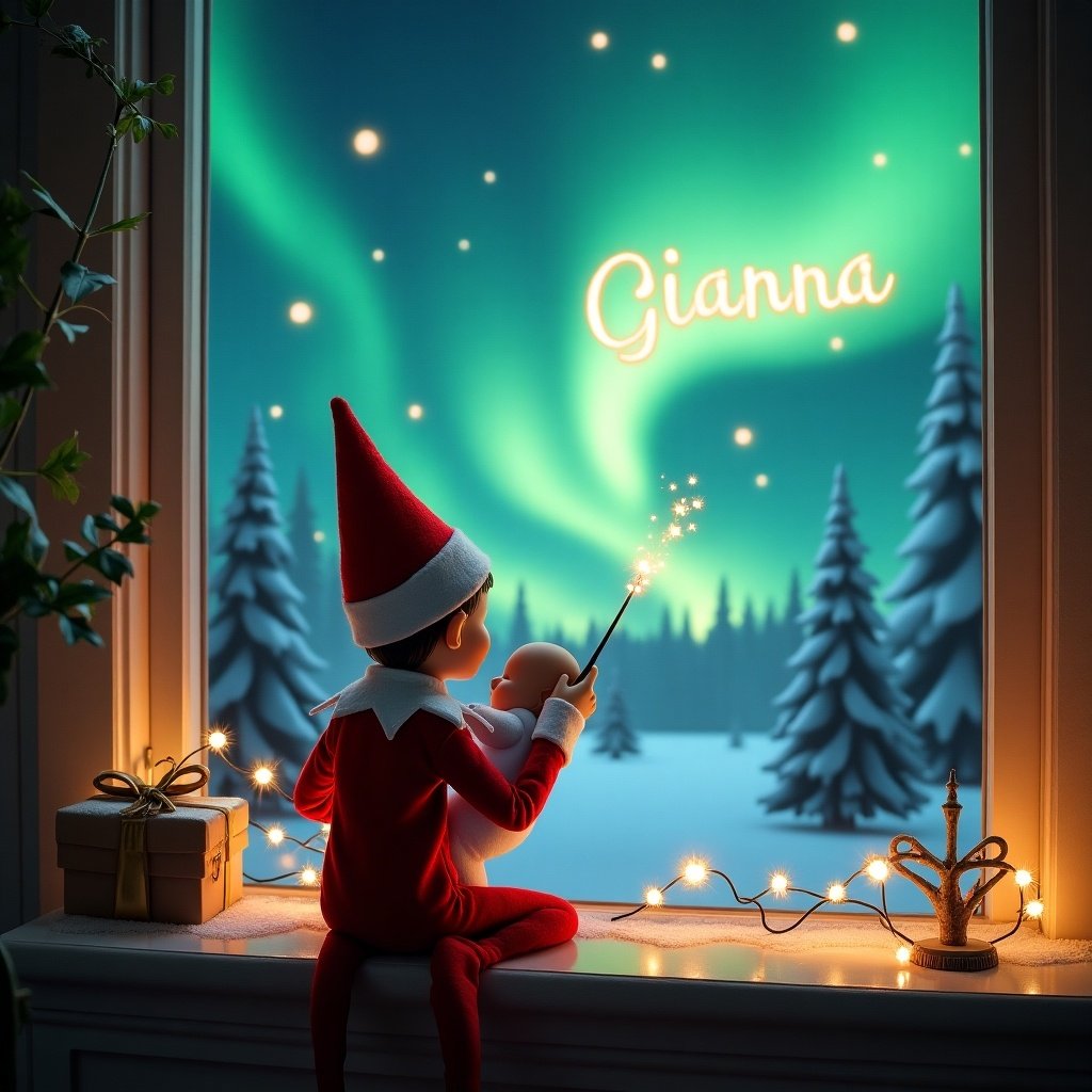 Enchanting Christmas scene features elf on the shelf. Elf in red and white holds a magic wand, cradling a baby. Vibrant northern lights illuminate the background. Name 'Gianna' written in the sky. Portrays joyful holiday spirit with a whimsical twist.