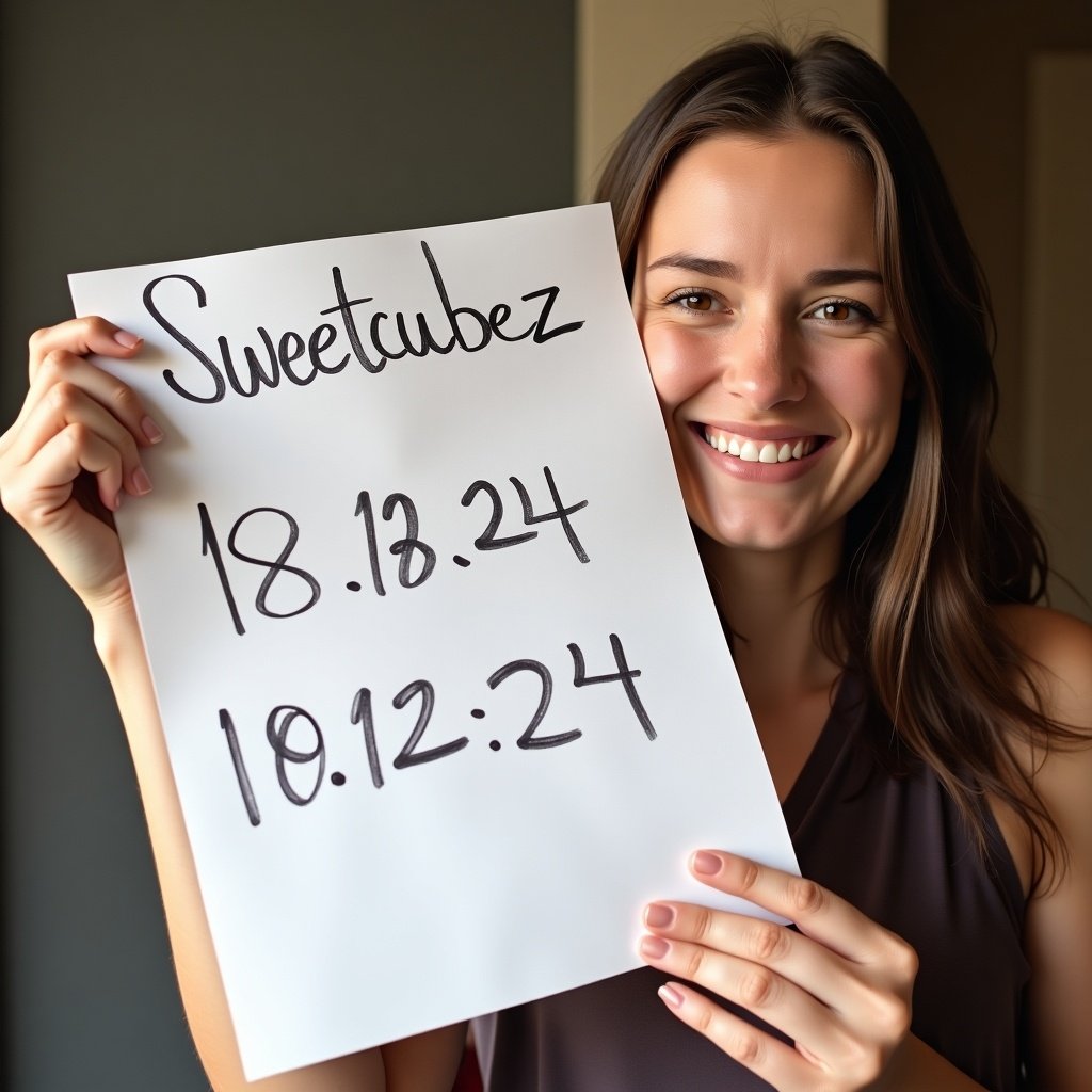 Person holds a paper with 'Sweetcubez' and dates. A smiling expression is visible. Arm and hand are clearly seen.