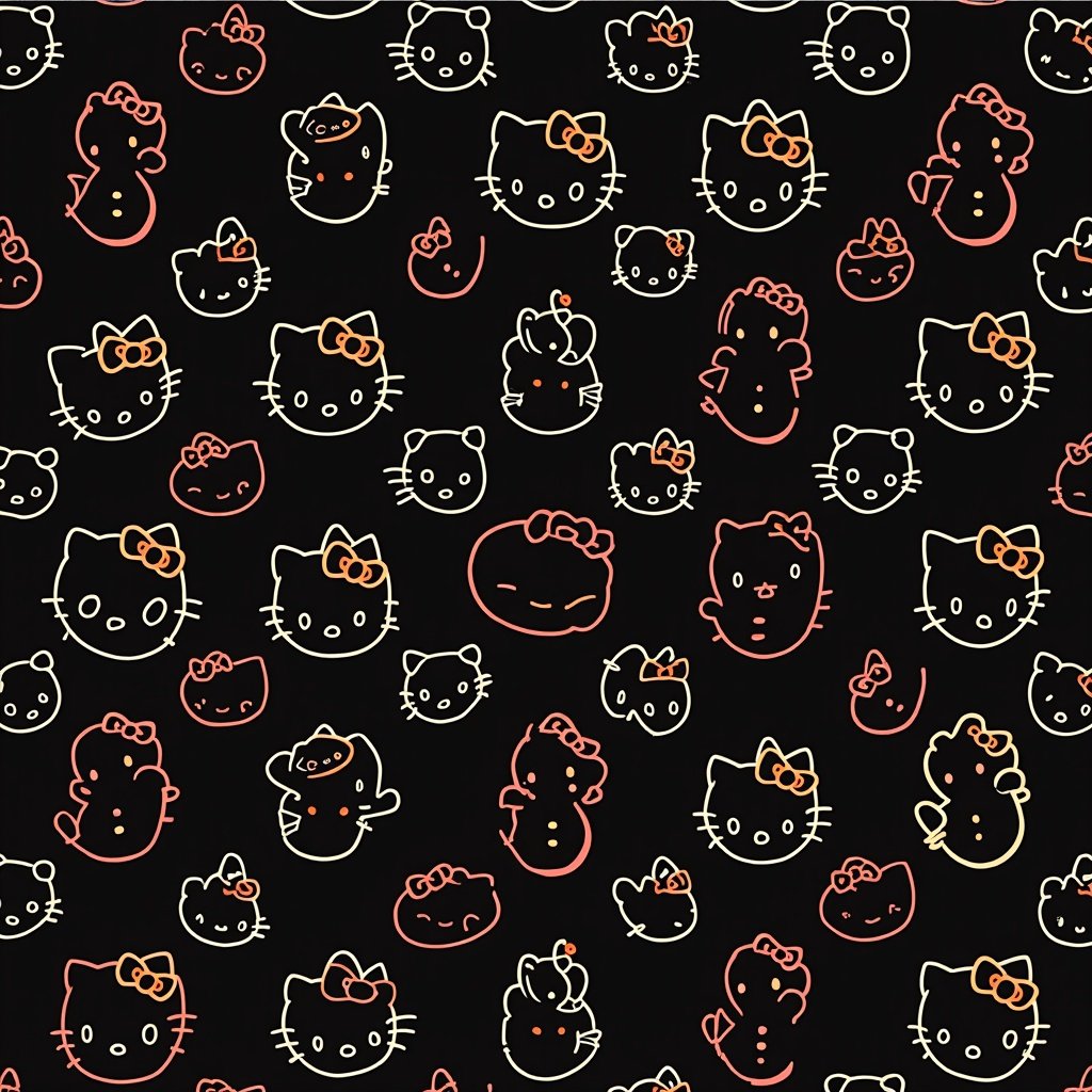 Pattern of Hello Kitty faces in a variety of expressions. Bright colors against a black background. Minimalist style with a simplistic motif. High contrast, perfect for textile print.