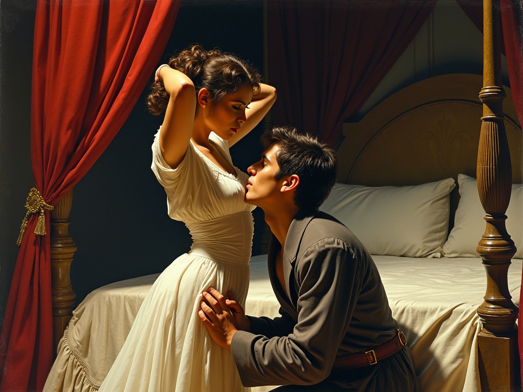 A romantic scene of a couple in historic attire in a richly decorated bedroom, with the male figure kneeling and embracing the female, evoking a sense of intimacy and vulnerability.