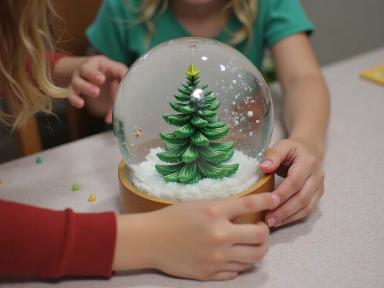 A cozy holiday scene where children are engaging with a decorative snow globe. The snow globe displays a beautifully crafted Christmas tree, surrounded by fake snow. Two hands are gently touching the globe, showcasing excitement and curiosity. The background suggests a warm indoor environment. The lighting is soft, adding a warm ambiance to the festive setting. The image evokes feelings of nostalgia and holiday cheer.