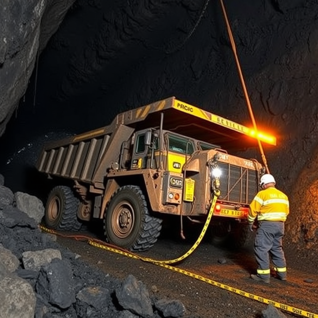 A mining worker in safety gear stands beside a large truck in an underground tunnel.