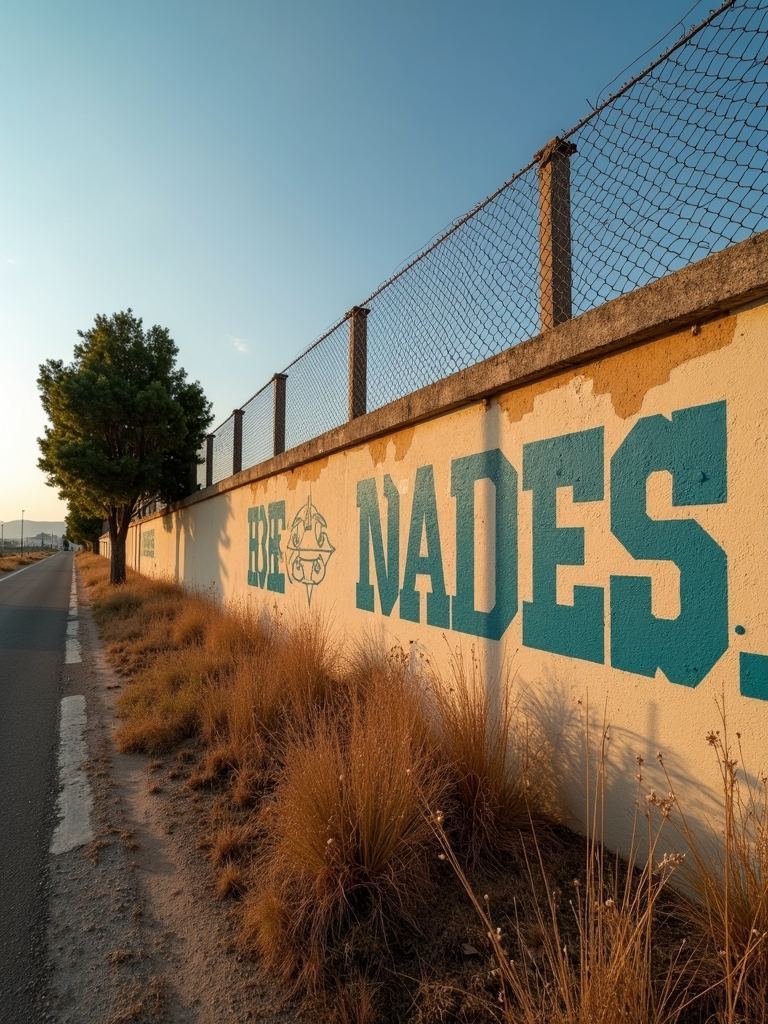 A painted wall stands along a road at sunset, with tall grasses growing by its base and a tree casting shadows in the golden light.