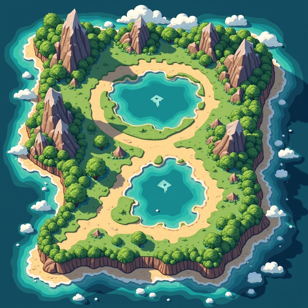 Create a top-down map for my game called Mystimon. It features diverse biomes: Emerald Valley is a lush, green forest; Inferno Ridge is a volcanic region; Aqua Bay showcases lagoons; Golem's Hollow is rugged with deep canyons; Skyfall Cliffs has high peaks; Stormcall Plains are flatlands; Frozen Fjord includes snow-covered peaks; Astral Veil offers a dreamlike realm; Drake's Spire features dragon carvings; Venom Swamp is murky; Iron Valley has metallic rocks; Shadowmere is a dark forest; Celestial Expanse is cosmic under starry skies; Warrior's Arena is rocky; Meadow Plains are calm grasslands; Bugwood Thicket is dense with giant plants; Granite Gorge is rocky; Enchanted Glade is magical; Wraithlands is misty and eerie.