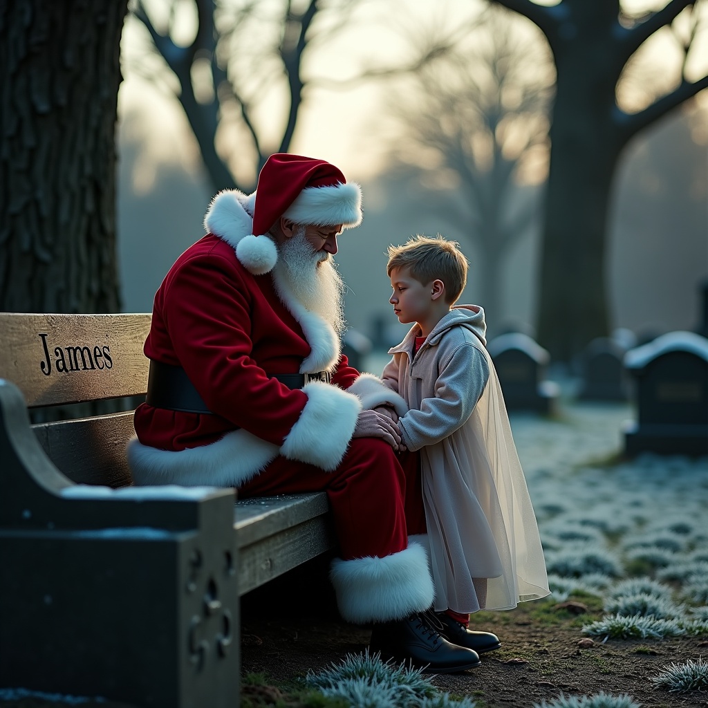 Father Christmas sits on a cemetery bench engaging with a boy spirit named James. The bench has 'James' engraved on it. Background features trees and frost-covered ground.