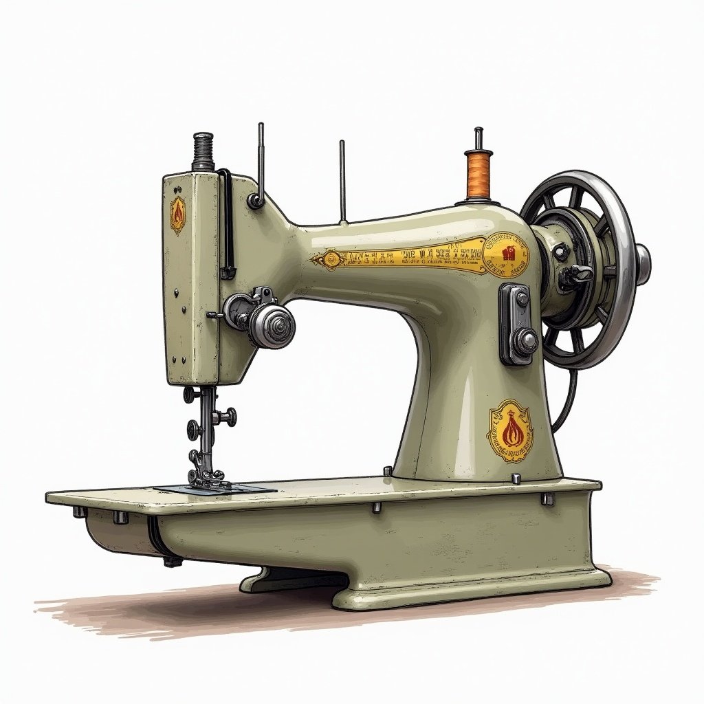 Draw front view of sewing machine. Features vintage elements and details. includes various components like needle, wheel, and base. Emphasize mechanical design.