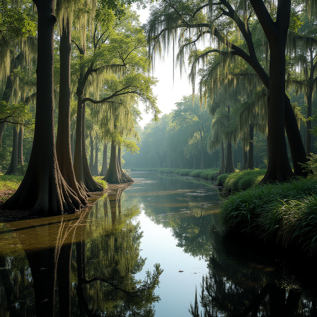 A serene river winds through a forest of tall, moss-draped trees.