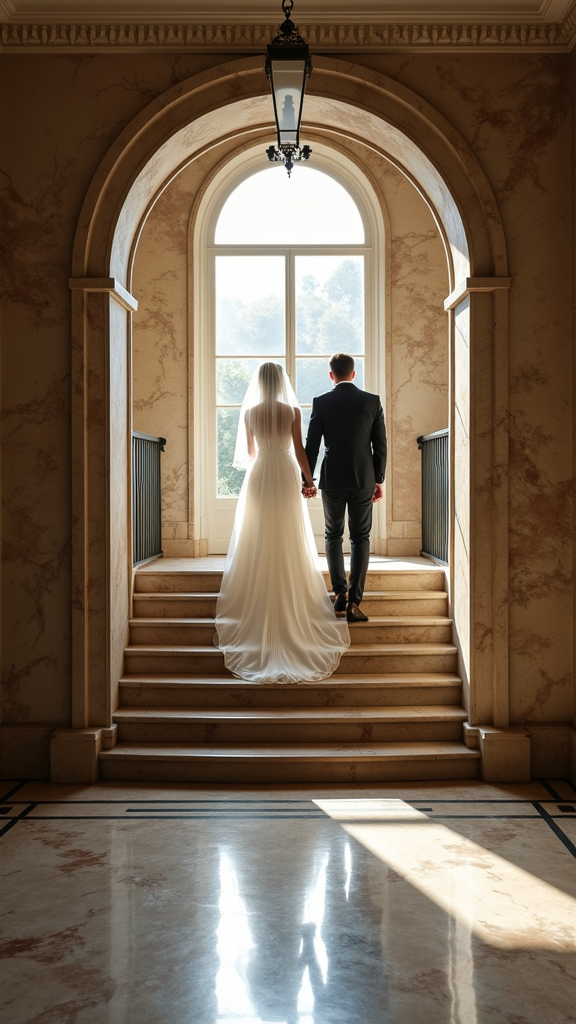 A bride and groom stand hand-in-hand at the top of a grand staircase, framed by a sunlit arched window.