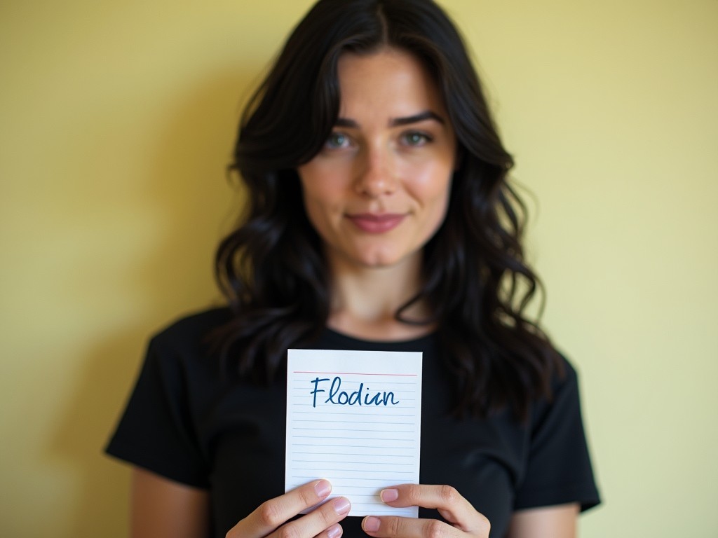 A woman with dark hair holds a small notepad with 'Flodun' written on it, standing against a soft yellow background. Her serene and gentle expression is captured in a focused depth of field, giving the image a calm and thoughtful ambiance. The overall composition draws attention to both the note and her placid demeanor.