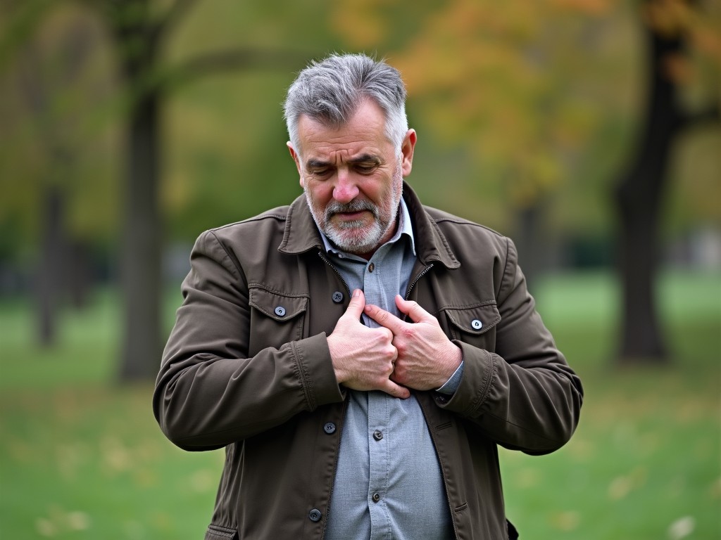 The image depicts an elderly man in a park clutching his chest with a pained expression, suggesting he might be experiencing discomfort or distress. The background is a lush green setting with out-of-focus trees, contrasting with the man's worried gesture, emphasizing his vulnerability.