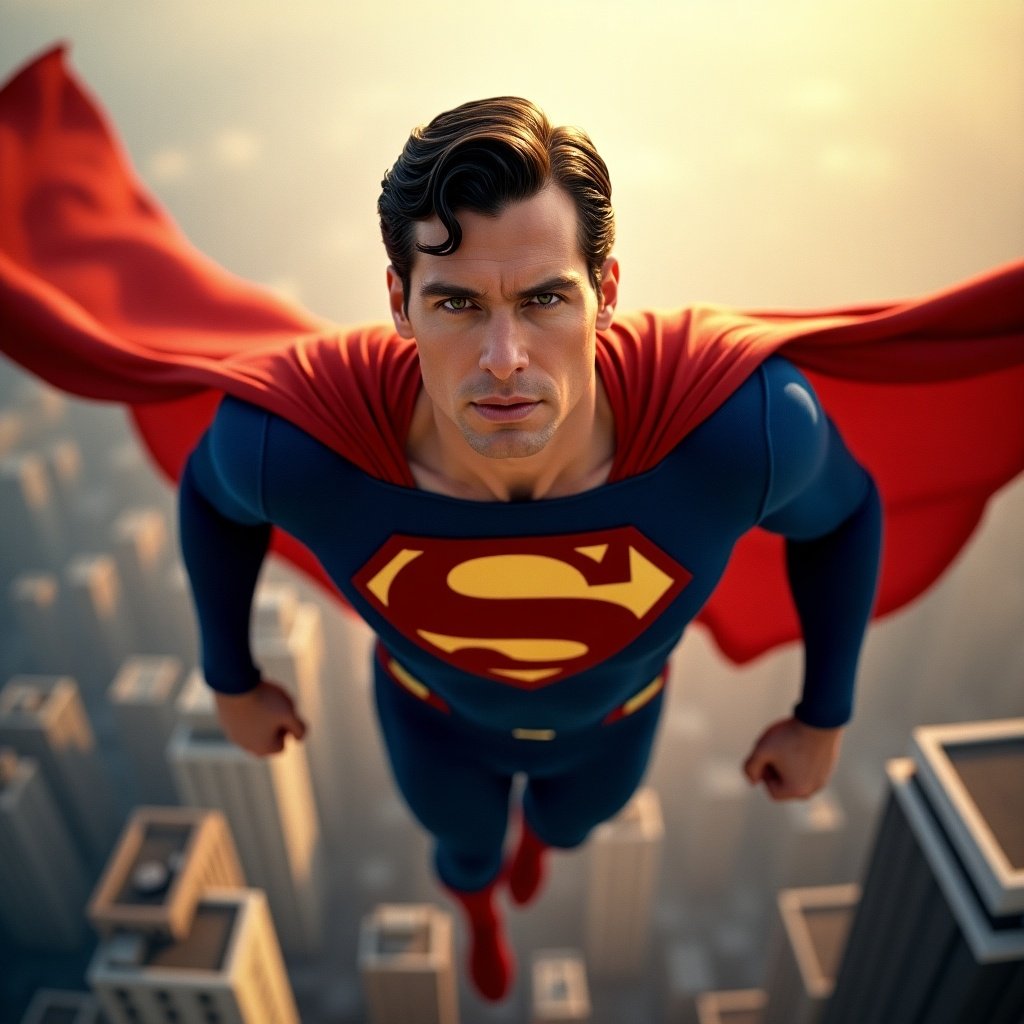 A striking image of Superman soaring through the skies above a sprawling cityscape. He is depicted in his iconic blue and red costume, complete with a bold yellow emblem on his chest. The scene is set during sunset, casting a warm glow over the buildings below, emphasizing the hero’s figure. His expression conveys determination and strength, capturing the essence of a classic superhero. The perspective is from above, highlighting both the character and the city he protects.