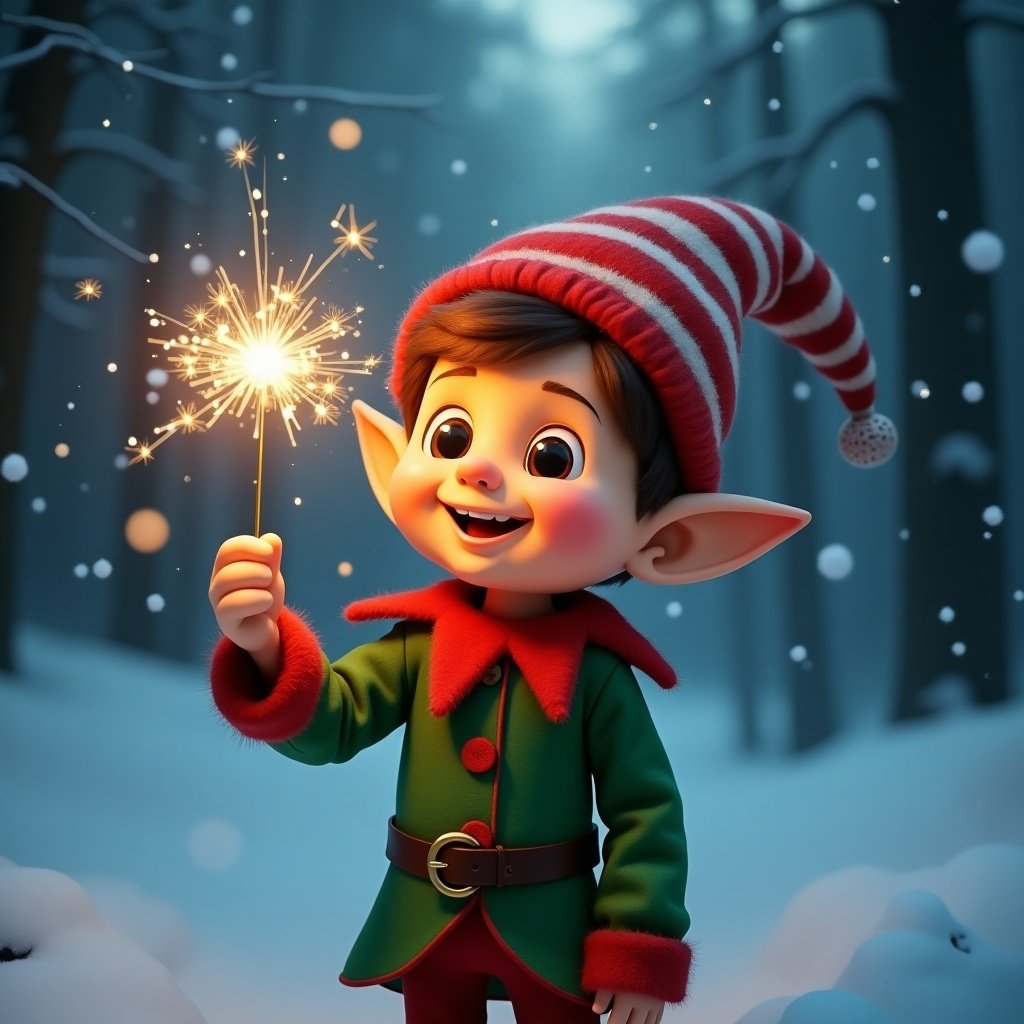 This image features a charming elf named Dylan, holding a sparkler in a snowy forest at twilight. Dylan is wearing a festive green outfit with red accents and a classic red and white striped hat. The sparkler emits a warm golden glow, illuminating his cheerful face. Snowflakes can be seen in the background, adding to the winter wonderland atmosphere. The enchanting setting coupled with the elf's joyful expression evokes feelings of excitement and holiday cheer.