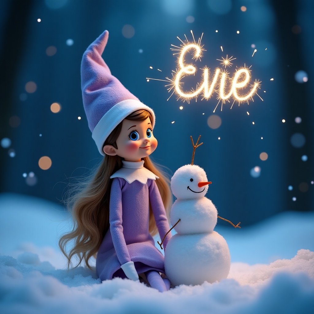 The image features a lilac girl Elf on the Shelf named Evie, with long light brown hair and blue eyes. She is sitting in a snowy woodland setting under a night sky. Beside her is a cute snowman with a carrot nose. The name 'Evie' is artistically written in the sky with sparklers, creating a magical effect. The overall scene conveys a sense of wonder and holiday spirit, perfect for winter festivities. The soft lighting adds a cozy atmosphere to the enchanting scene.