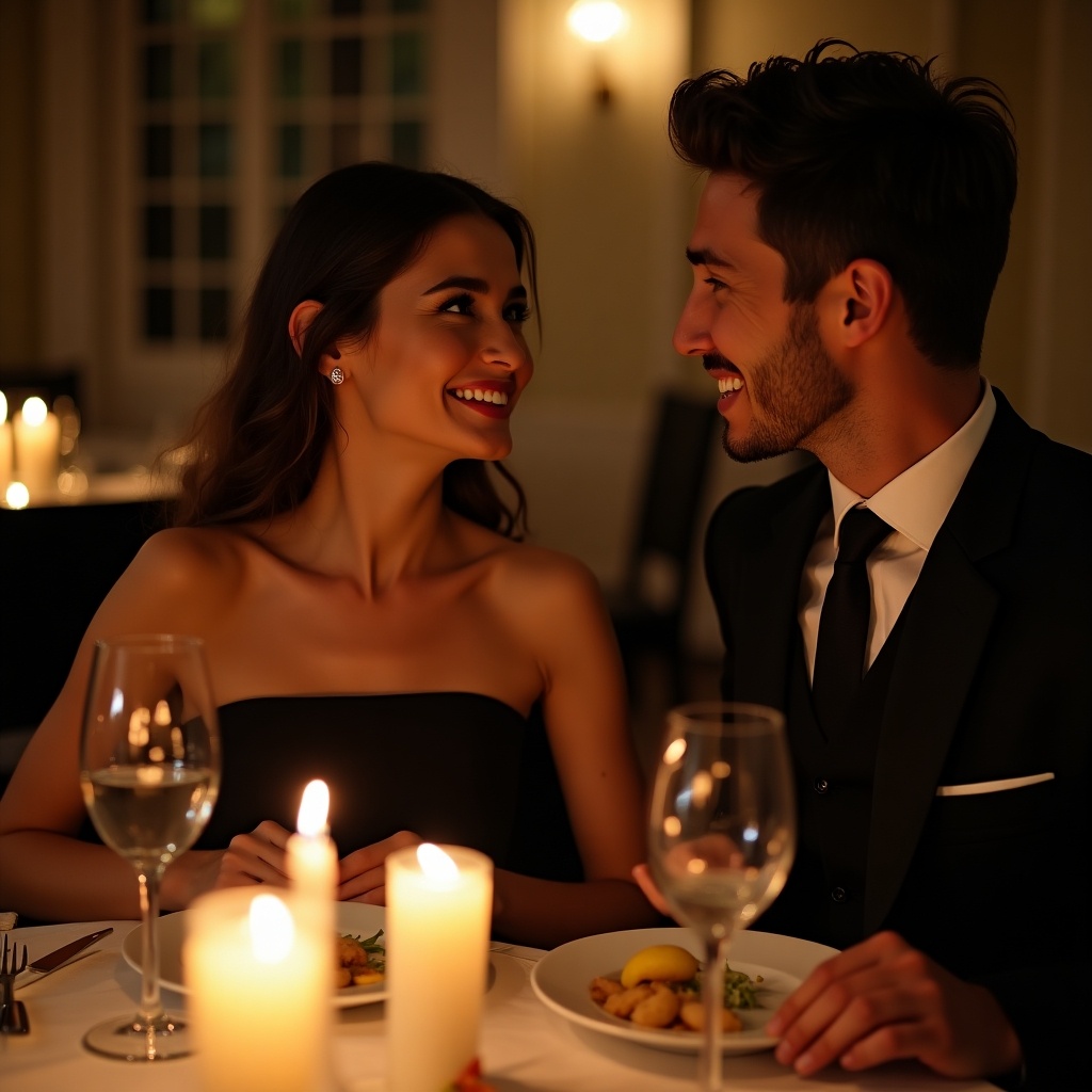 Scene depicts romantic dinner featuring couple sitting at beautifully set table with soft candlelight illuminating their faces. Woman wearing black dress and smiling, man looking at her attentively. Restaurant has elegant ambiance with muted colors and soft background lighting. Atmosphere suggests intimacy and connection. Focus on their interaction capturing moment of joy and interest.