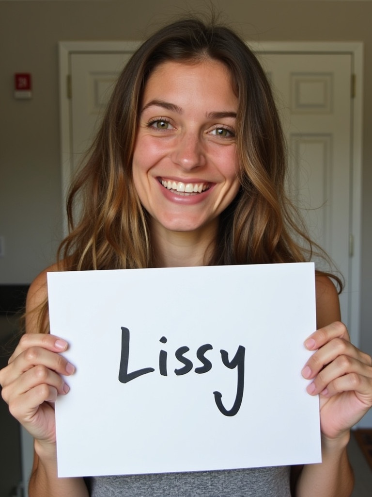 A person holds a white paper with a handwritten name Lissy. The person has a joyful expression. Right arm and hand are visible.